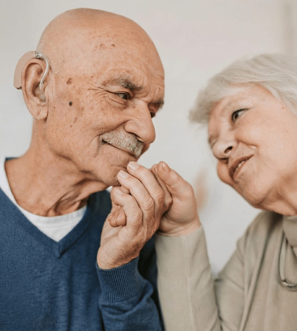 Para dojrzałych seniorów trzyma się za ręce i uśmiecha się.